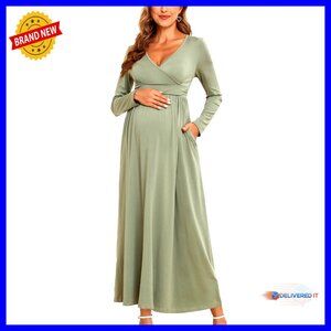 Maternity Maxi Dress Long Sleeve Wrap V Neck with Pockets Formal